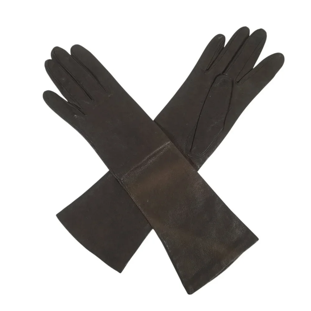 Vintage Leather Gloves Dark Brown Kid 3/4 Length Silk Lined Washable 6 1/2